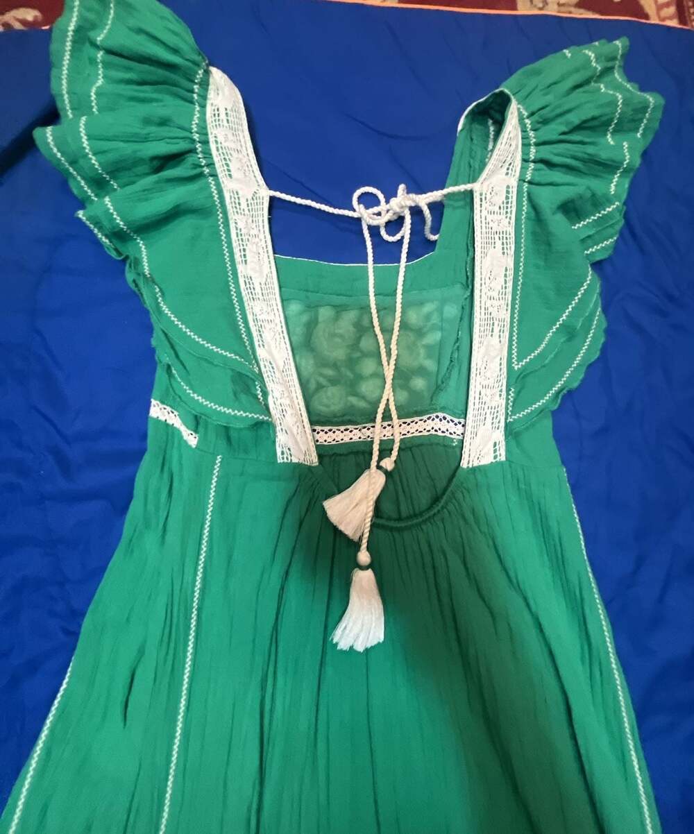 M.A.B.E Green Embroidered Cotton Maxi Dress with Lace Trim - Picture 9 of 13